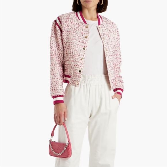 ALICE + OLIVIA Keri Varsity Bouclé-Tweed Bomber Jacket. Size Large. - Picture 2 of 12